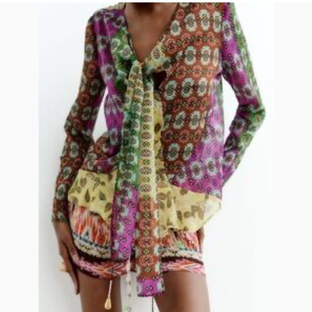 NWT Zara Semi Sheer Chiffon Paisley Printed Tie Neck Beaded Tassel Blouse - M - Picture 2 of 5